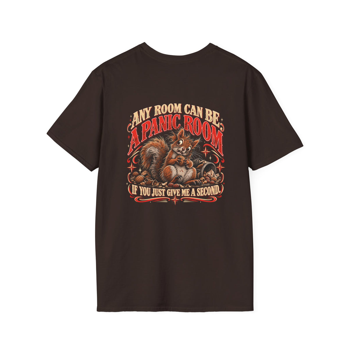 Panic Room Graphic T-Shirt — 'Any Room Can Be a Panic Room' Vintage Squirrel Design
