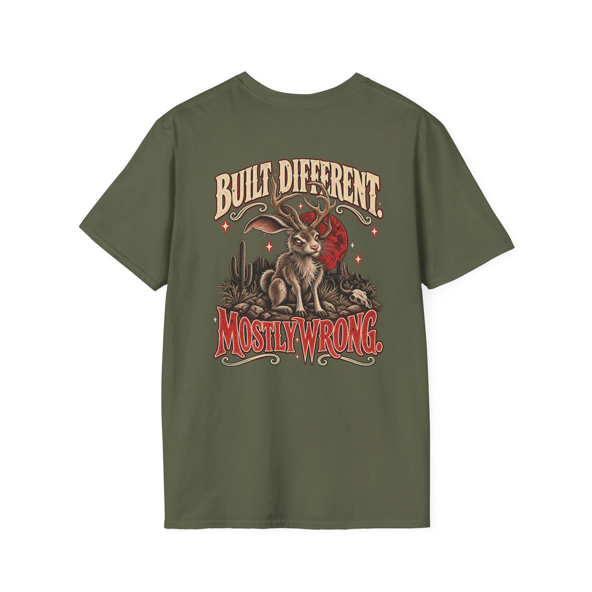 T-Shirt — 'Built Different, Mostly Wrong' Desert Jackrabbit Graphic Tee