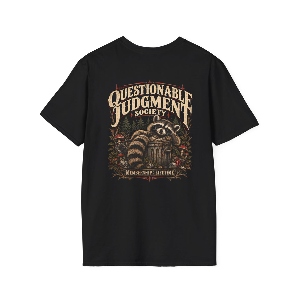 Questionable Judgment Society T-Shirt — Vintage Raccoon Membership Design