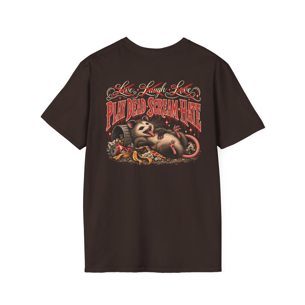 Play Dead Scream Hate T-Shirt — front logo back design