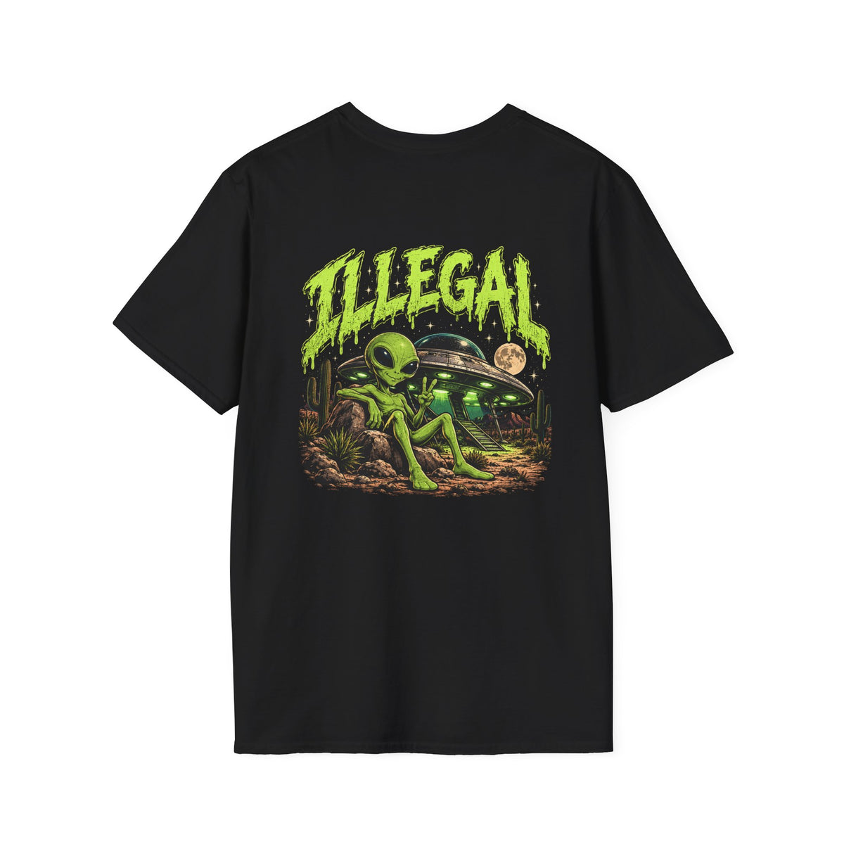 Illegal Alien Graphic T-Shirt — Retro Green Alien UFO Design